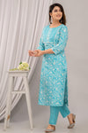 Light Blue Floral Print with Yoke Design Straight Kurta with Trousers & Dupatta - Frionkandy
