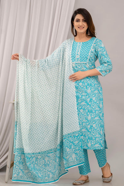 Light Blue Floral Print with Yoke Design Straight Kurta with Trousers & Dupatta