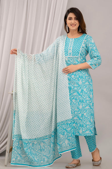 Light Blue Floral Print with Yoke Design Straight Kurta with Trousers & Dupatta - Frionkandy