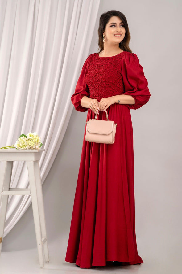 Red Puff Sleeve Yoke Design Fit and Flare Party Dress - Frionkandy