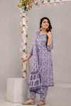 Purple Floral Print with Mirror Work Straight Kurta with Trousers & Dupatta - Frionkandy
