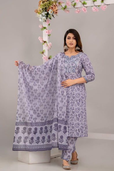 Purple Floral Print with Yoke Design Straight Kurta with Trousers & Dupatta