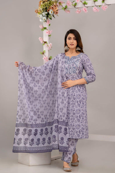 Purple Floral Print with Mirror Work Straight Kurta with Trousers & Dupatta - Frionkandy