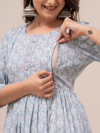 Women Floral Printed Maternity Cotton Maxi Dress - SHKUP1298