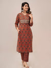 Maroon Paisley Print with Yoke Design A-Line Kurta with Trousers & Dupatta - Frionkandy