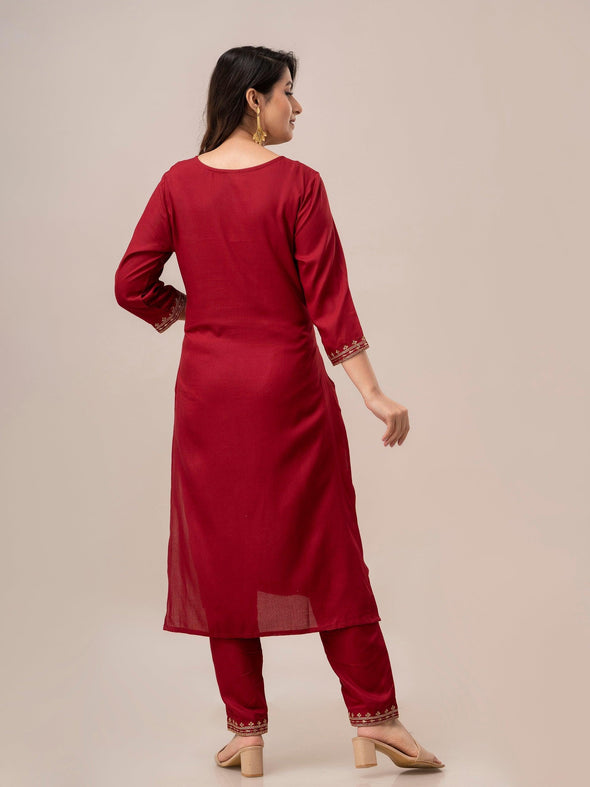 Women Red Sequinned Yoke Design Kurta with Trousers - Frionkandy