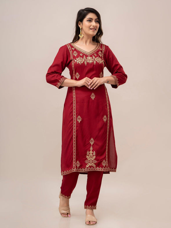 Women Red Sequinned Yoke Design Kurta with Trousers - Frionkandy