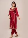 Women Red Sequinned Yoke Design Kurta with Trousers - Frionkandy