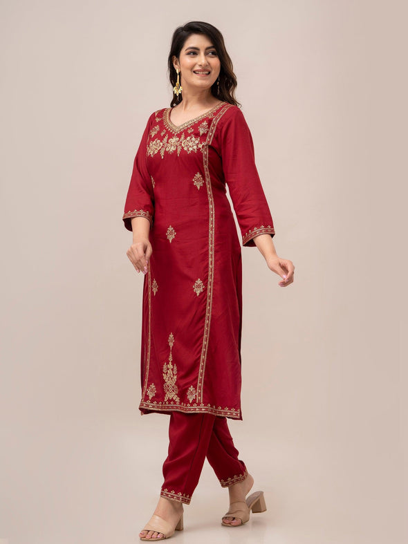 Women Red Sequinned Yoke Design Kurta with Trousers - Frionkandy