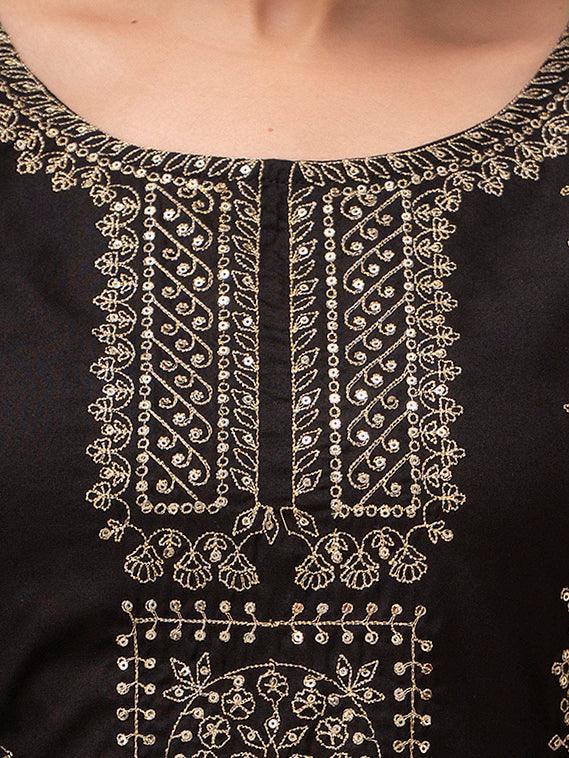 Women Black Sequinned Yoke Design Kurta with Trousers - Frionkandy