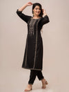 Women Black Sequinned Yoke Design Kurta with Trousers - Frionkandy