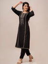 Women Black Sequinned Yoke Design Kurta with Trousers - Frionkandy