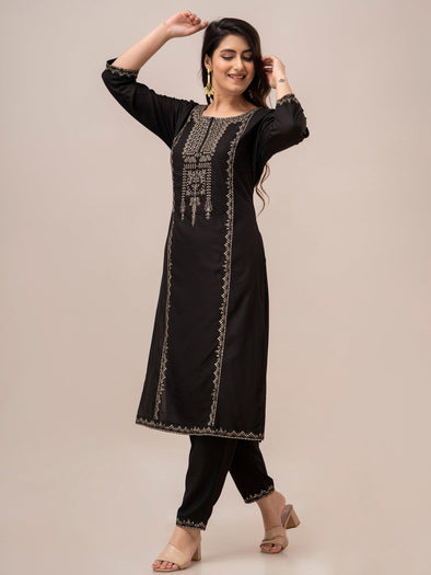 Women Black Sequinned Yoke Design Kurta with Trousers