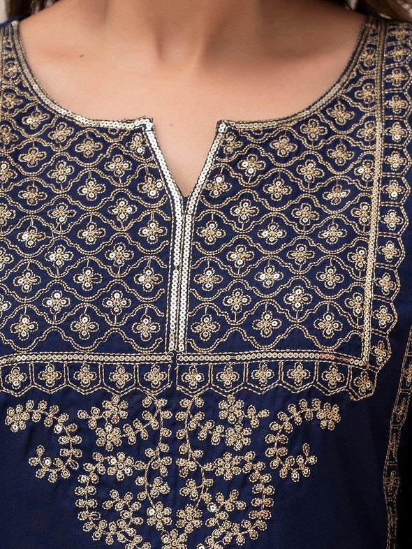 Women Blue Sequinned Yoke Design Kurta with Pyjamas - Frionkandy