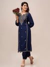 Women Blue Sequinned Yoke Design Kurta with Pyjamas - Frionkandy