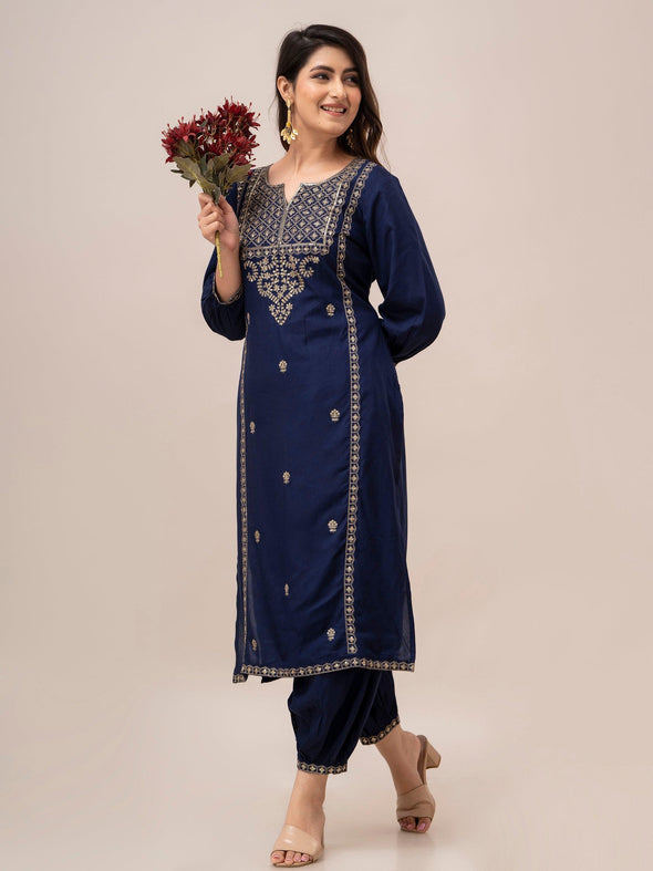 Women Blue Sequinned Yoke Design Kurta with Pyjamas - Frionkandy