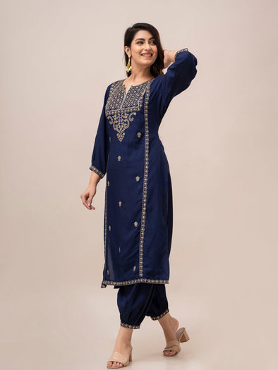 Women Blue Sequinned Yoke Design Kurta with Pyjamas - Frionkandy