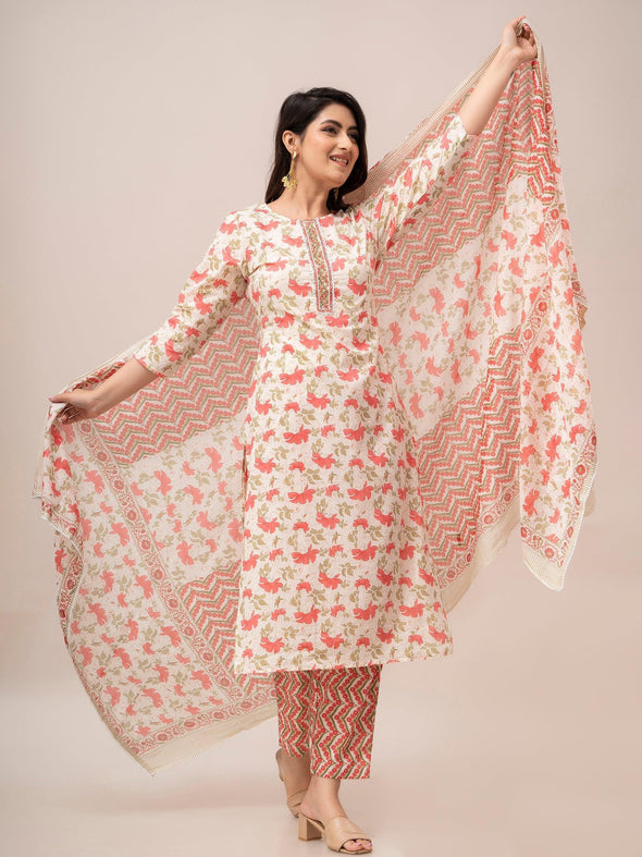 Off White Floral Print with Yoke Design A-Line Kurta with Trousers & Dupatta - Frionkandy