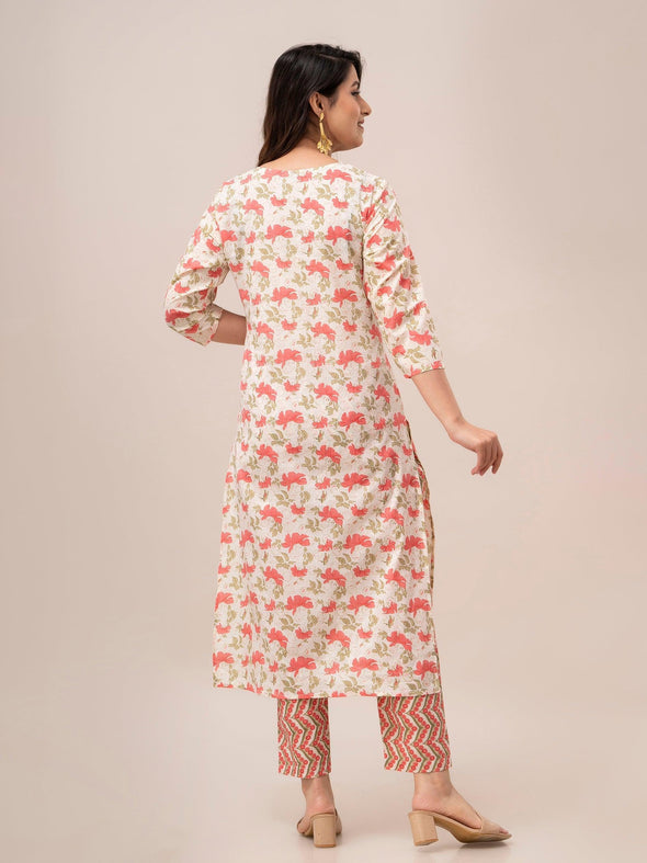 Off White Floral Print with Yoke Design A-Line Kurta with Trousers & Dupatta - Frionkandy