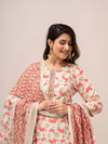 Off White Floral Print with Yoke Design A-Line Kurta with Trousers & Dupatta - Frionkandy