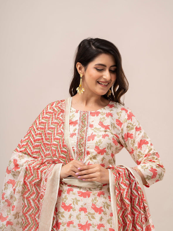 Off White Floral Print with Yoke Design A-Line Kurta with Trousers & Dupatta - Frionkandy