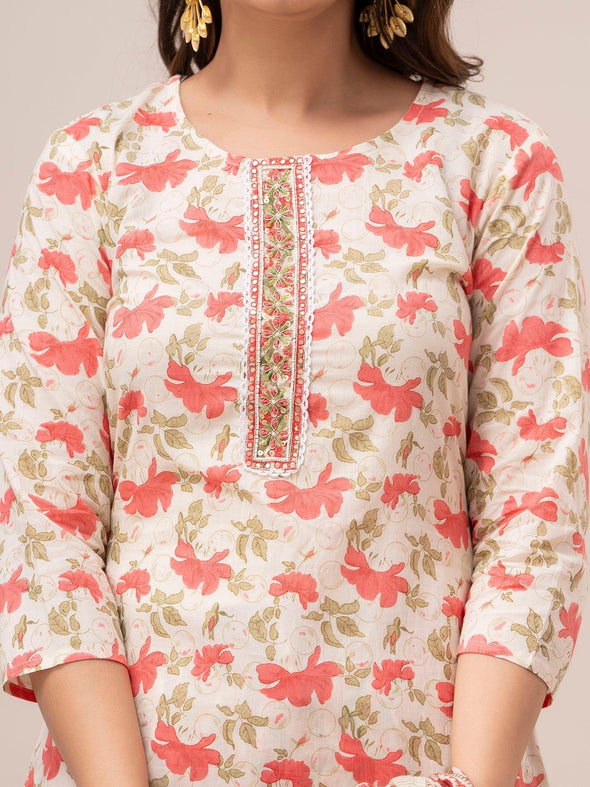 Off White Floral Print with Yoke Design A-Line Kurta with Trousers & Dupatta - Frionkandy