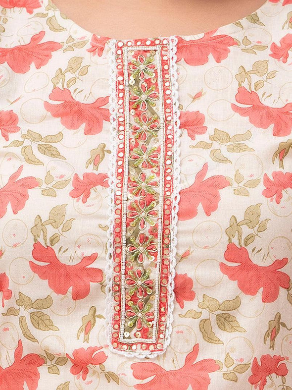 Off White Floral Print with Yoke Design A-Line Kurta with Trousers & Dupatta - Frionkandy