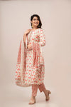 Off White Floral Print with Yoke Design A-Line Kurta with Trousers & Dupatta - Frionkandy