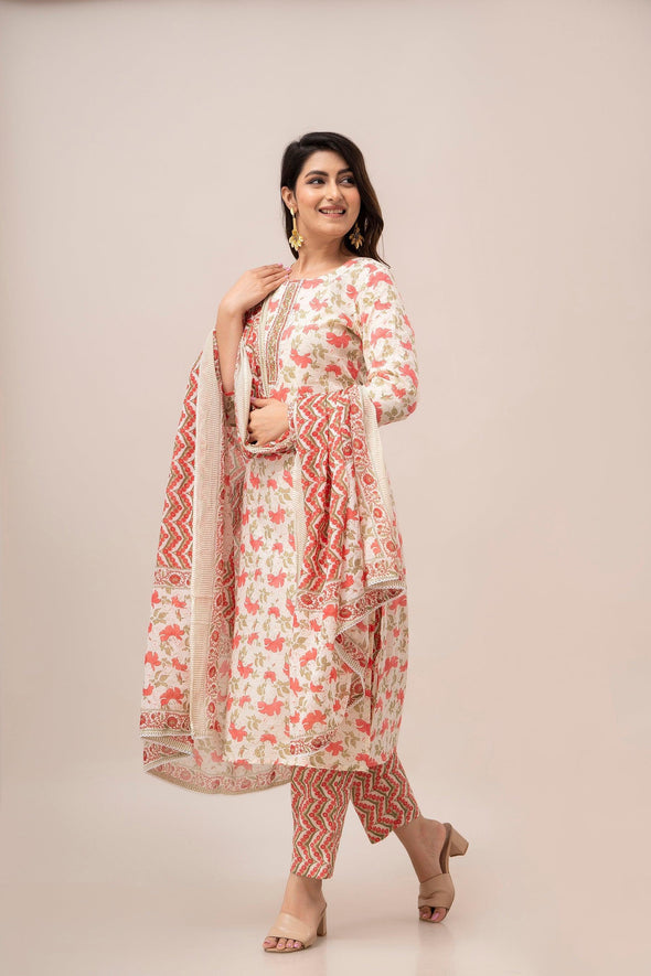 Off White Floral Print with Yoke Design A-Line Kurta with Trousers & Dupatta - Frionkandy