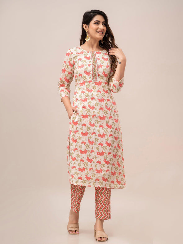 Off White Floral Print with Yoke Design A-Line Kurta with Trousers & Dupatta - Frionkandy