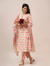 Off White Floral Print with Yoke Design A-Line Kurta with Trousers & Dupatta - Frionkandy