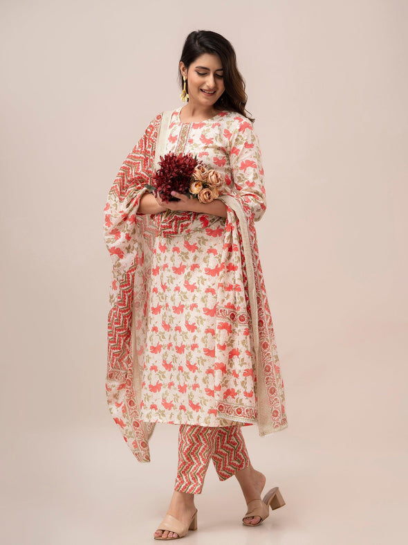 Off White Floral Print with Yoke Design A-Line Kurta with Trousers & Dupatta - Frionkandy