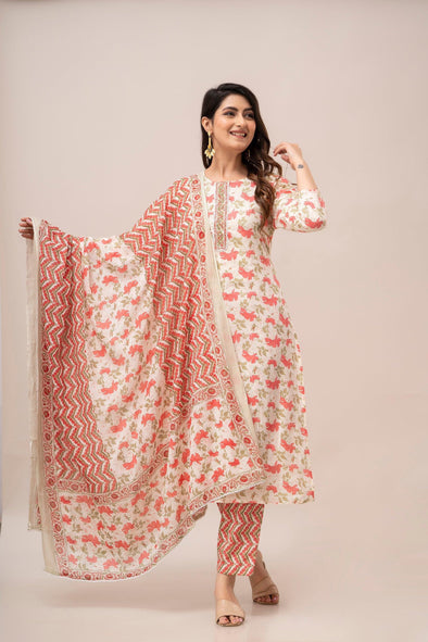 Off White Floral Print with Yoke Design A-Line Kurta with Trousers & Dupatta