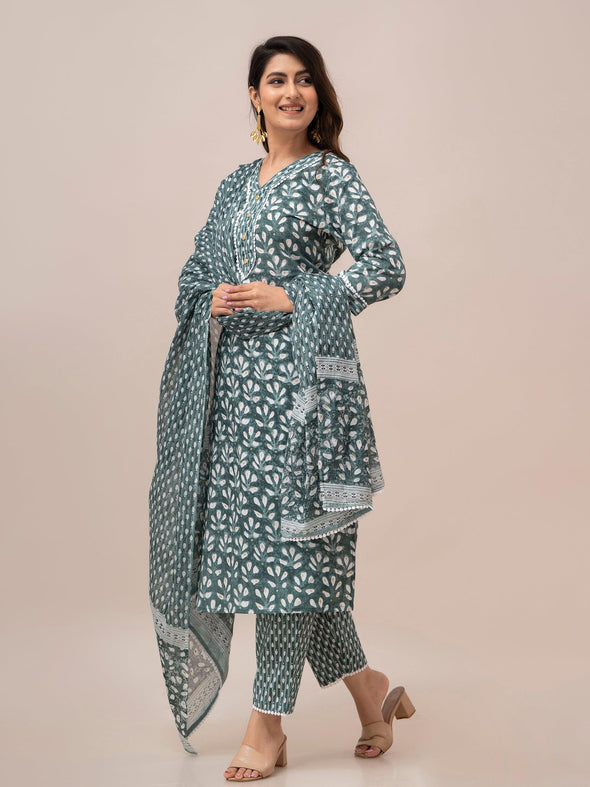 Grey Floral Print with Yoke Design A-Line Kurta with Trousers & Dupatta - Frionkandy