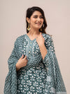 Grey Floral Print with Yoke Design A-Line Kurta with Trousers & Dupatta - Frionkandy