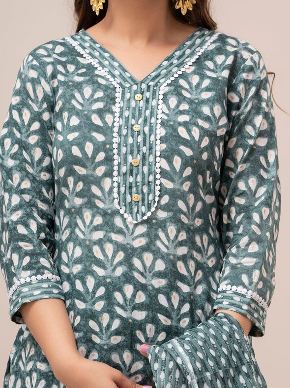 Grey Floral Print with Yoke Design A-Line Kurta with Trousers & Dupatta - Frionkandy