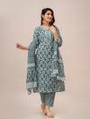 Grey Floral Print with Yoke Design A-Line Kurta with Trousers & Dupatta - Frionkandy