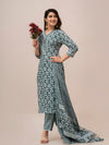 Grey Floral Print with Yoke Design A-Line Kurta with Trousers & Dupatta - Frionkandy