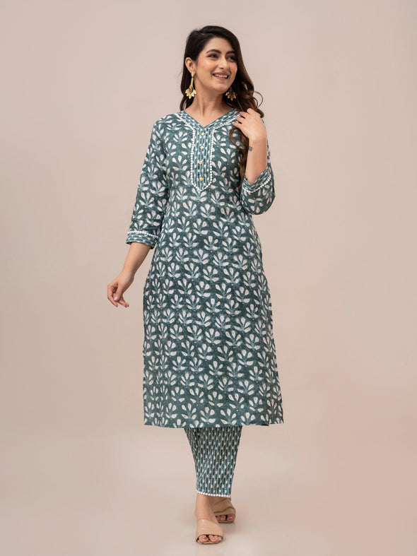 Grey Floral Print with Yoke Design A-Line Kurta with Trousers & Dupatta - Frionkandy