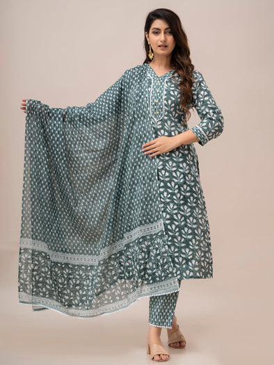 Grey Floral Print with Yoke Design A-Line Kurta with Trousers & Dupatta - Frionkandy