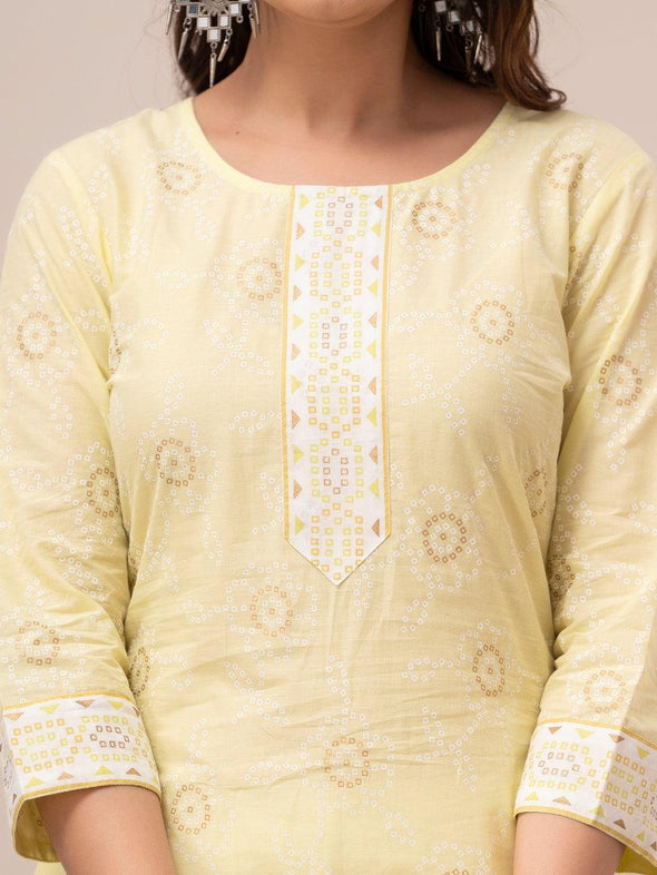 Women Light Yellow Bandhani Printed Straight Kurta - Frionkandy