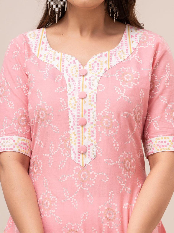 Women Pink Bandhani Printed Straight Kurta - Frionkandy