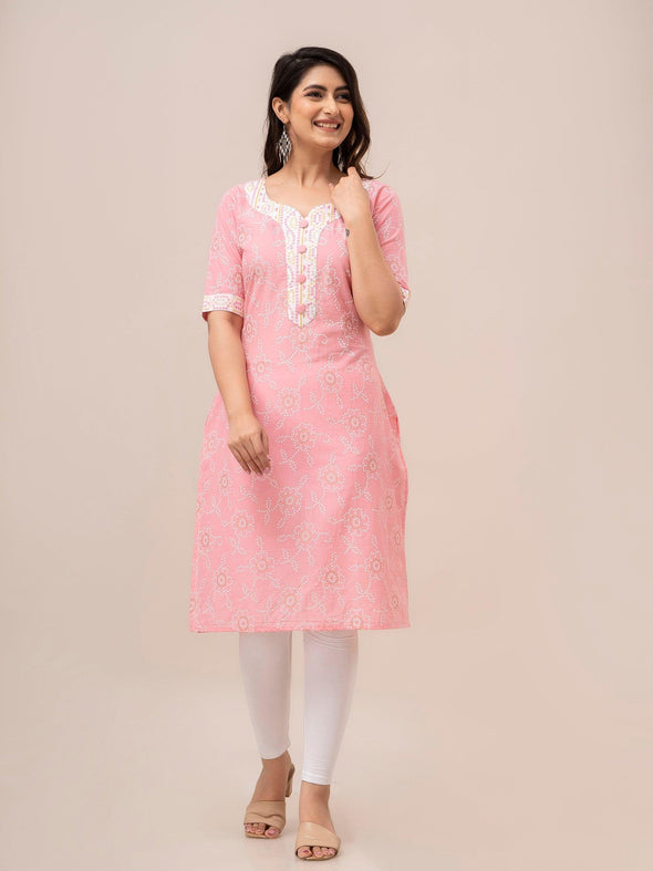 Women Pink Bandhani Printed Straight Kurta - Frionkandy