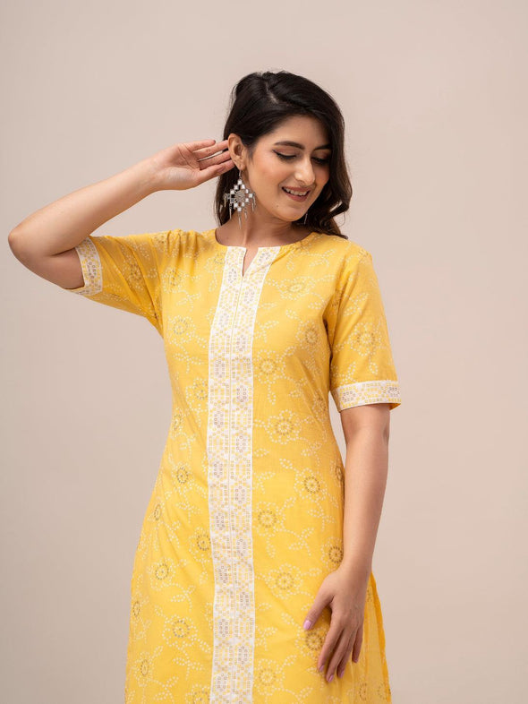 Women Yellow Bandhani Printed Straight Kurta - Frionkandy