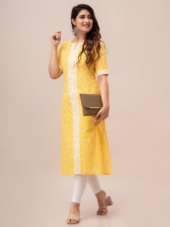 Women Yellow Bandhani Printed Straight Kurta - Frionkandy