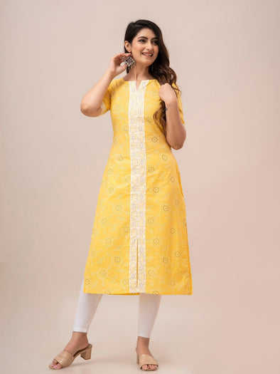 Women Yellow Bandhani Printed Straight Kurta - Frionkandy