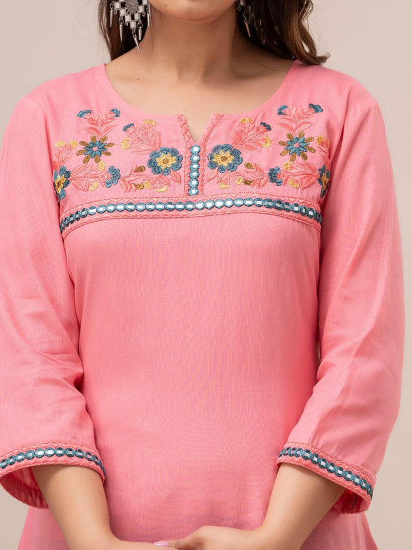 Women Pink Solid Embroidered Straight Kurta - Frionkandy