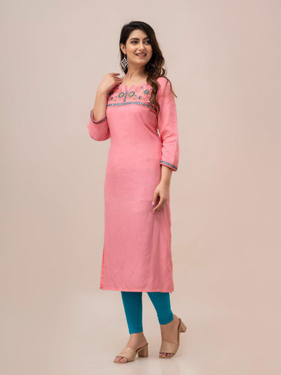 Women Pink Solid Embroidered Straight Kurta