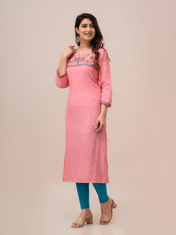 Women Pink Solid Embroidered Straight Kurta - Frionkandy