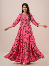 Pink Floral Print Smocked Maxi Fit and Flare Dress - Frionkandy